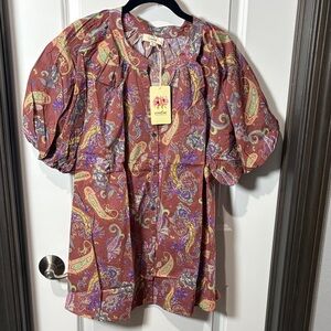 Entro Paisley Puff Sleeve Blouse - Brown and Purple